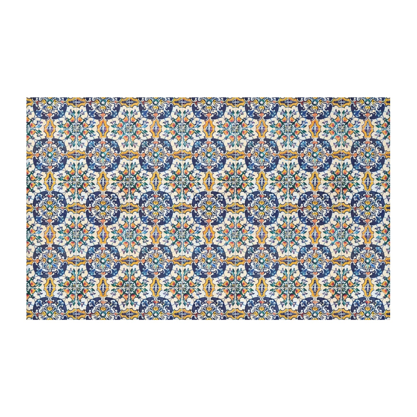Vibrant azulejo tile rug with geometric and floral patterns