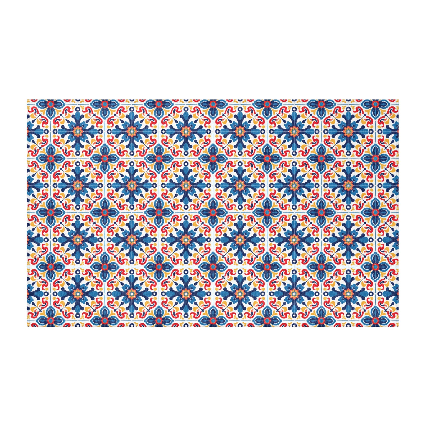 Colorful Talavera tile rug with geometric and floral patterns