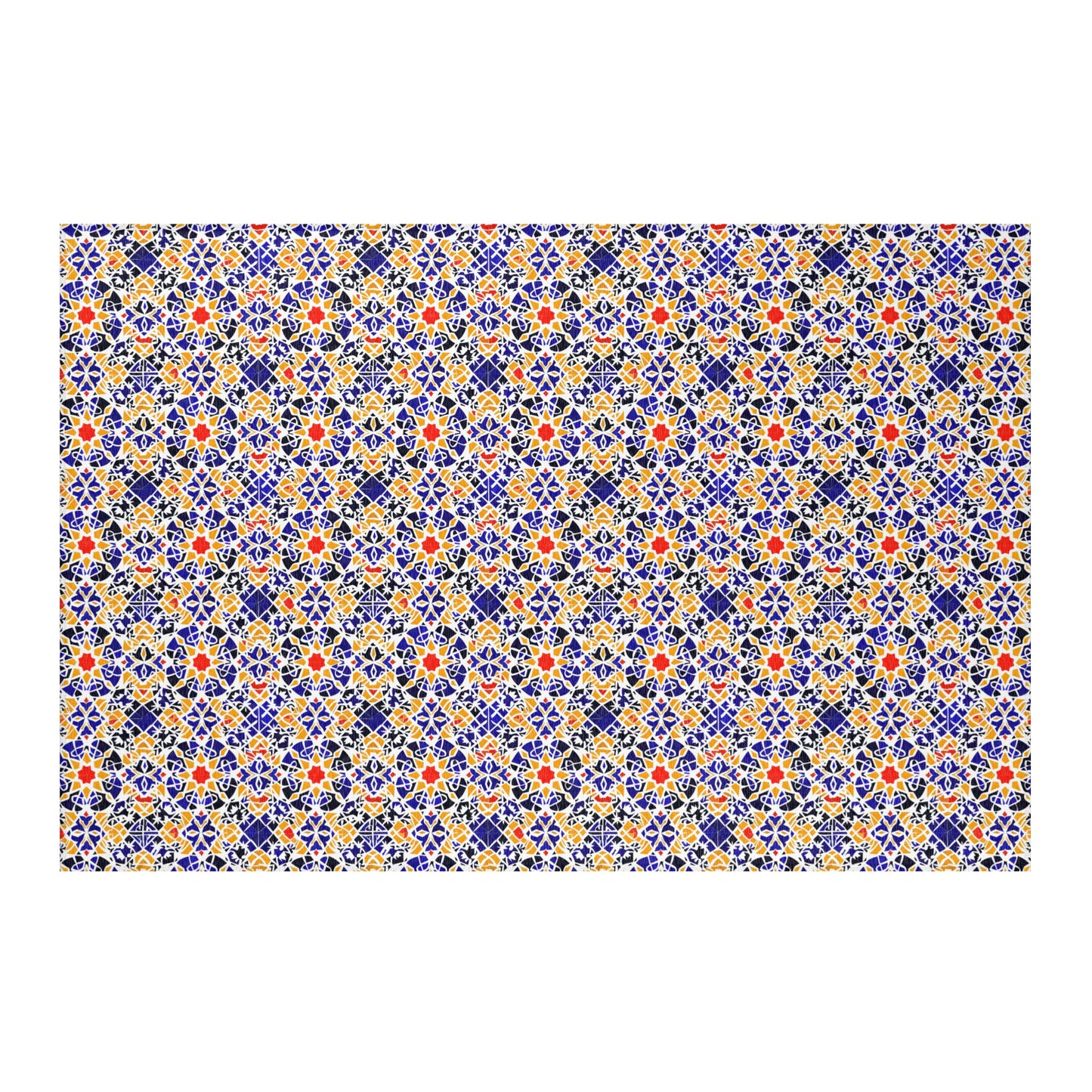 Andalusian tile rug styled in kitchen or living room with warm décor