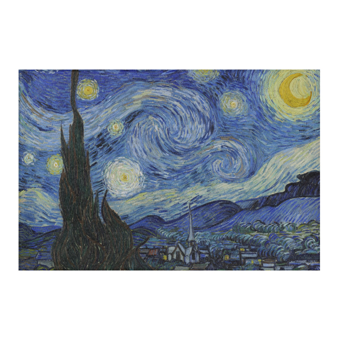 Starry Night rug styled in modern living room with sofa and décor