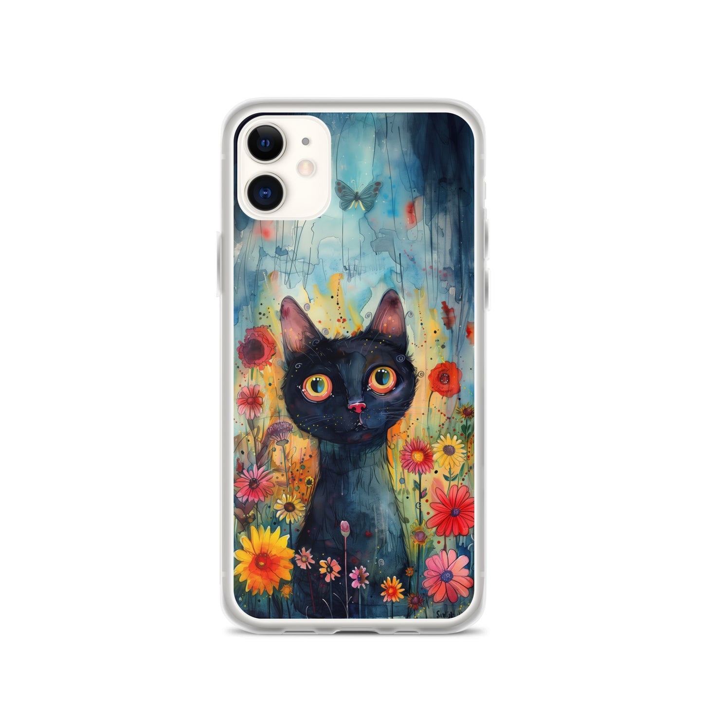 iPhone Case Watercolor Black Cat with Colorful Flowers
