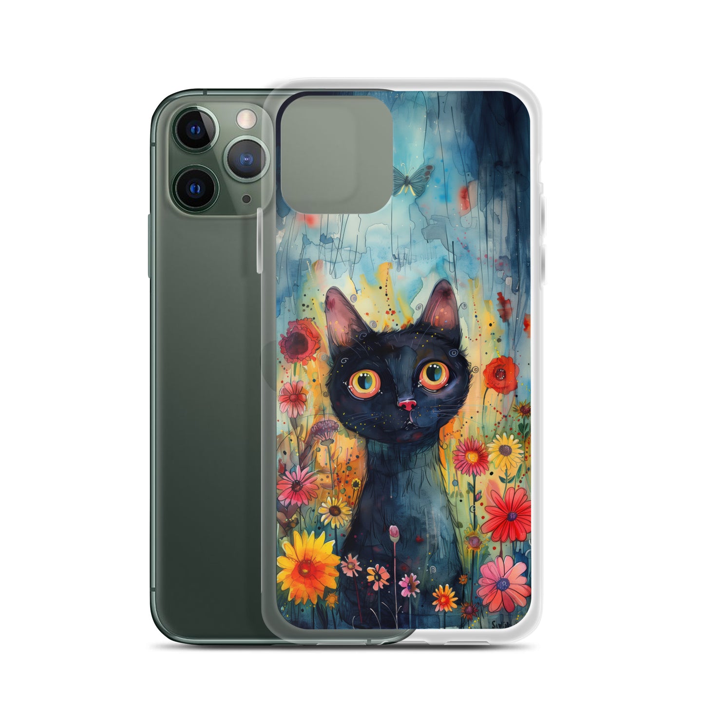 iPhone Case Watercolor Black Cat with Colorful Flowers