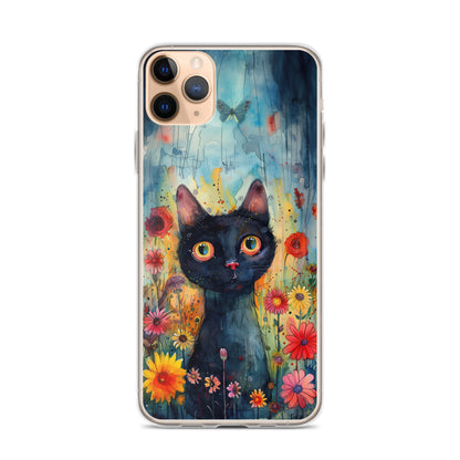 iPhone Case Watercolor Black Cat with Colorful Flowers