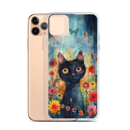 iPhone Case Watercolor Black Cat with Colorful Flowers