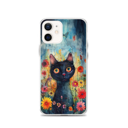 iPhone Case Watercolor Black Cat with Colorful Flowers