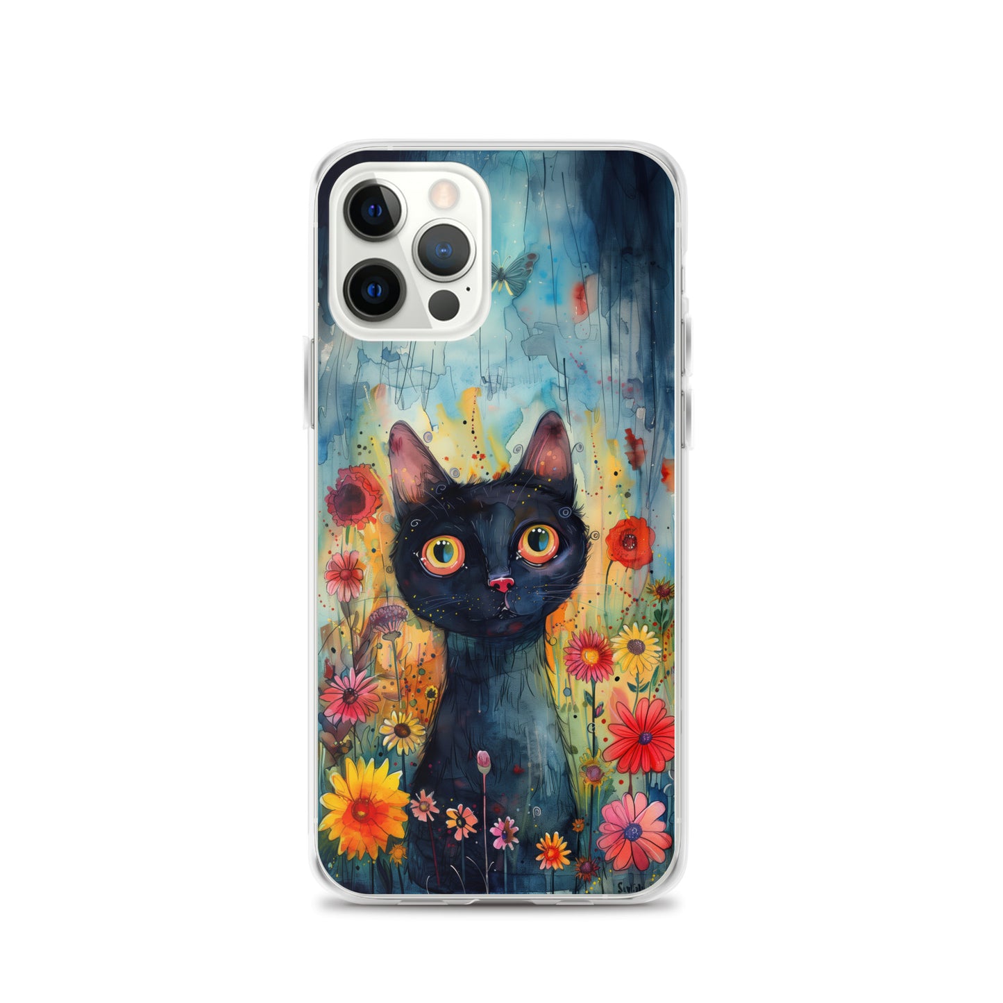 iPhone Case Watercolor Black Cat with Colorful Flowers