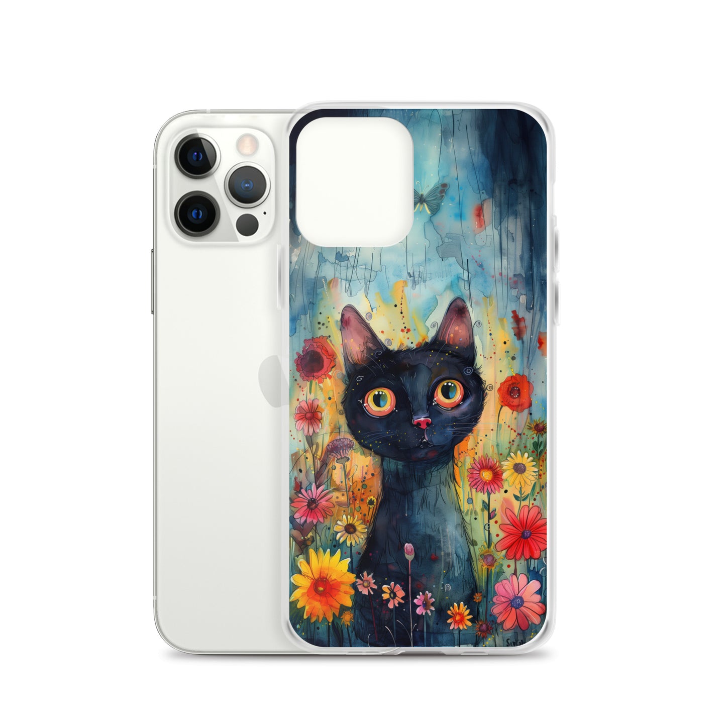 iPhone Case Watercolor Black Cat with Colorful Flowers
