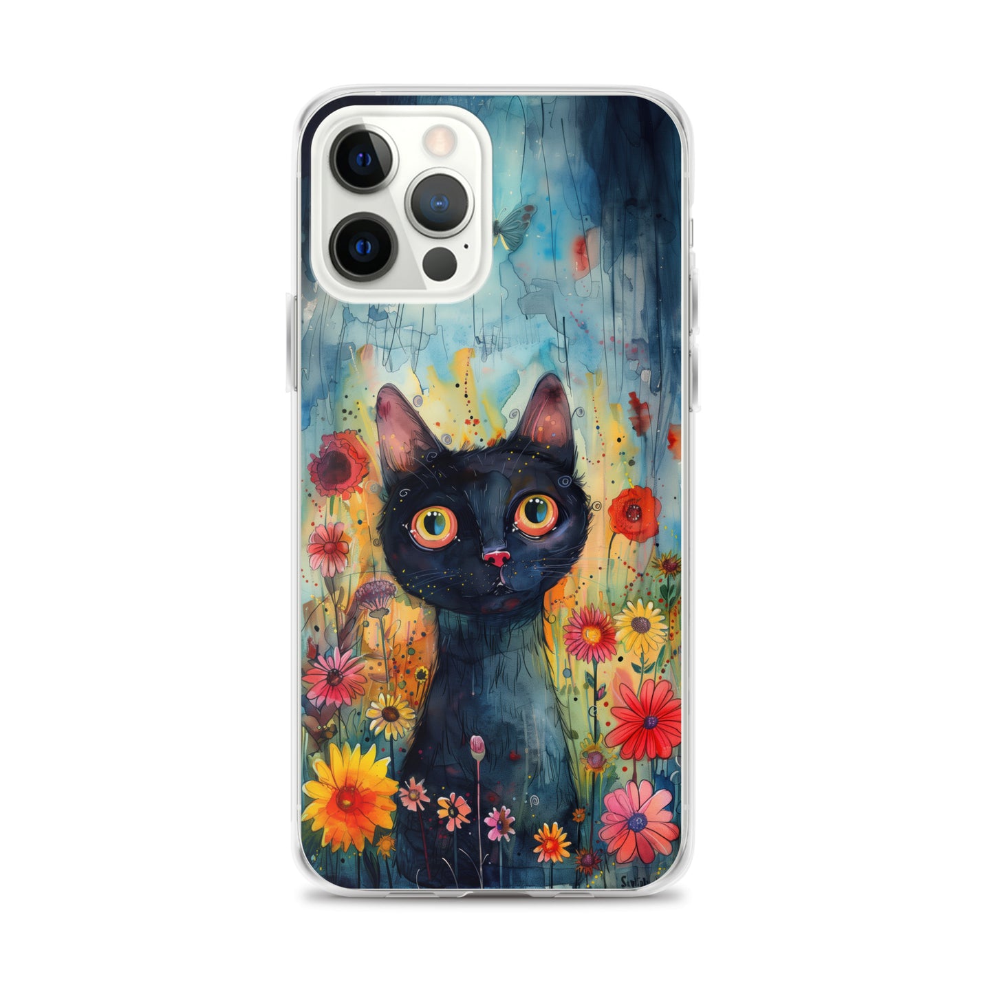 iPhone Case Watercolor Black Cat with Colorful Flowers