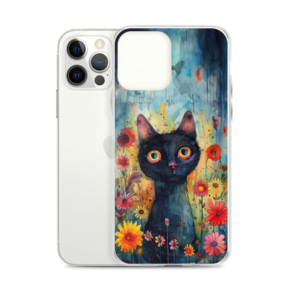 iPhone Case Watercolor Black Cat with Colorful Flowers