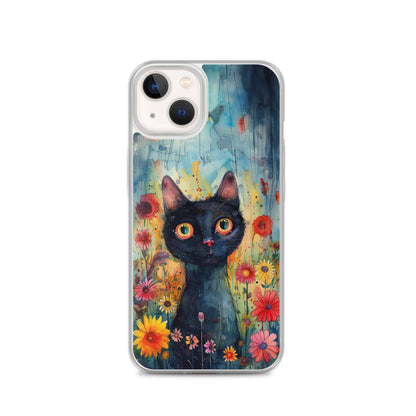 iPhone Case Watercolor Black Cat with Colorful Flowers