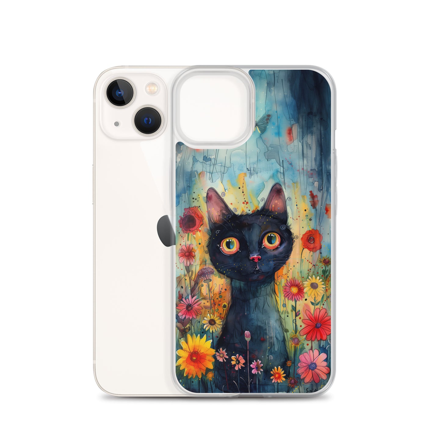 iPhone Case Watercolor Black Cat with Colorful Flowers