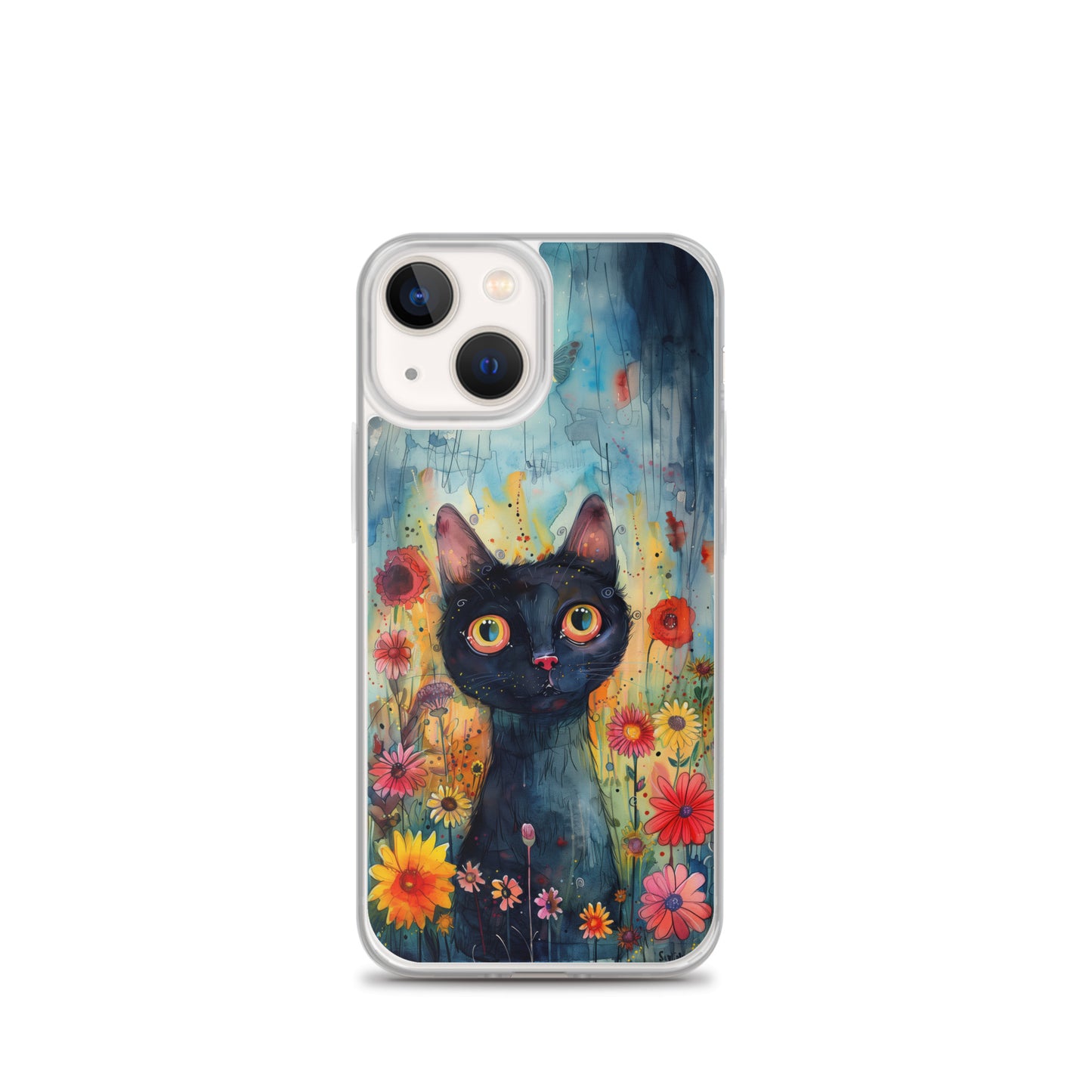 iPhone Case Watercolor Black Cat with Colorful Flowers