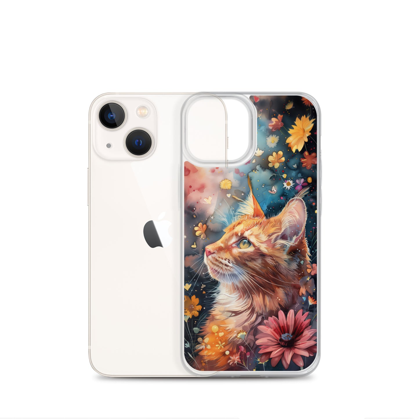 iPhone Case: Watercolor Orange Tabby Cat with Colorful Flowers