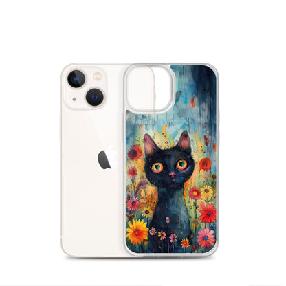 iPhone Case Watercolor Black Cat with Colorful Flowers