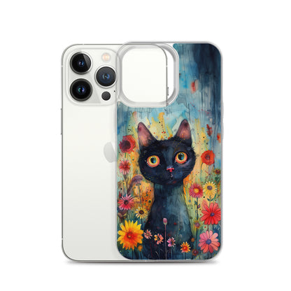 iPhone Case Watercolor Black Cat with Colorful Flowers