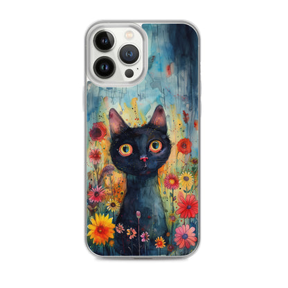 iPhone Case Watercolor Black Cat with Colorful Flowers