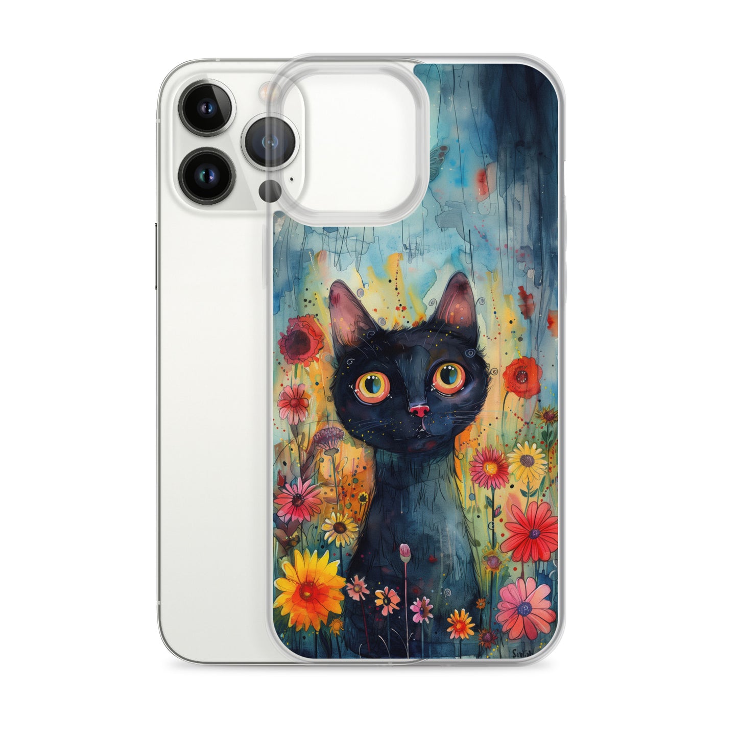 iPhone Case Watercolor Black Cat with Colorful Flowers