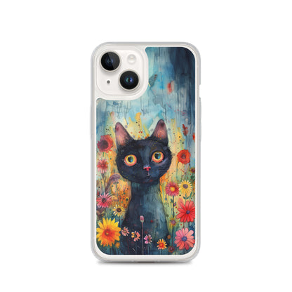 iPhone Case Watercolor Black Cat with Colorful Flowers