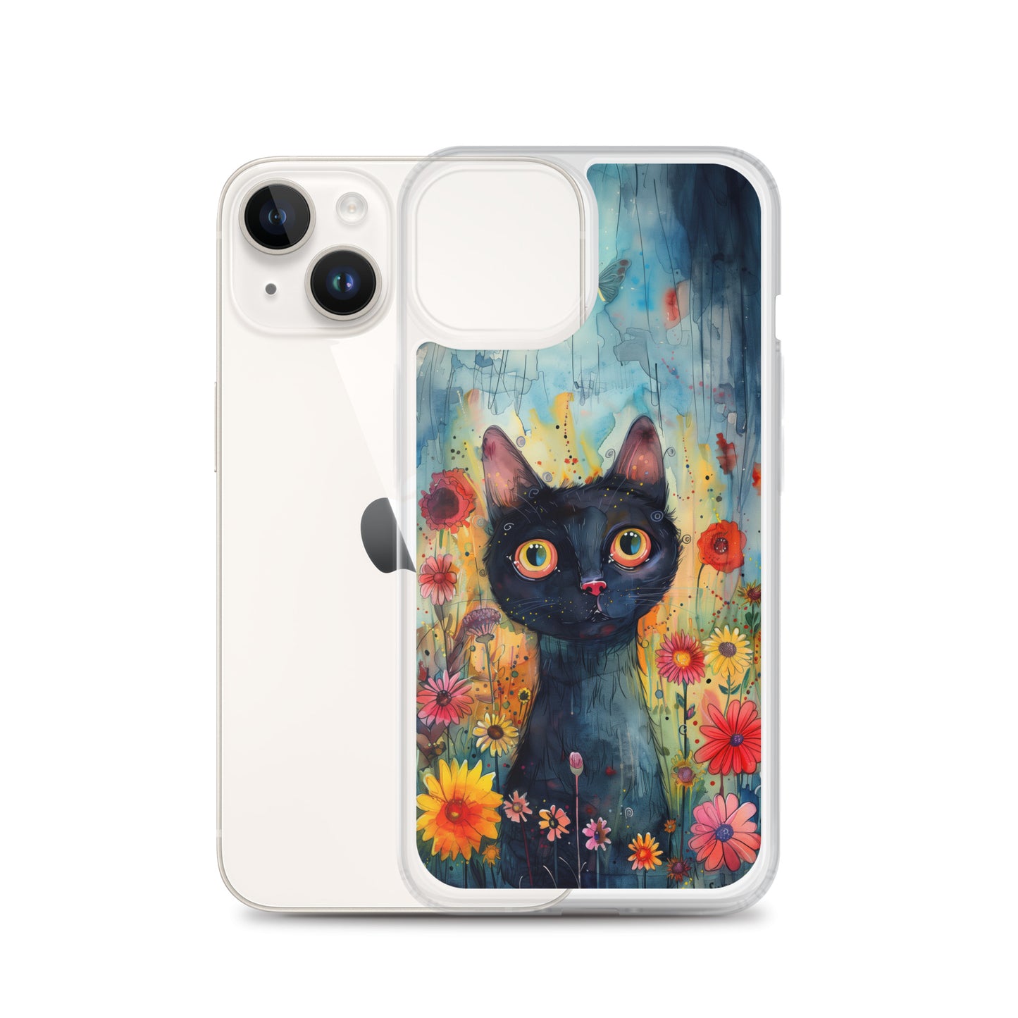iPhone Case Watercolor Black Cat with Colorful Flowers