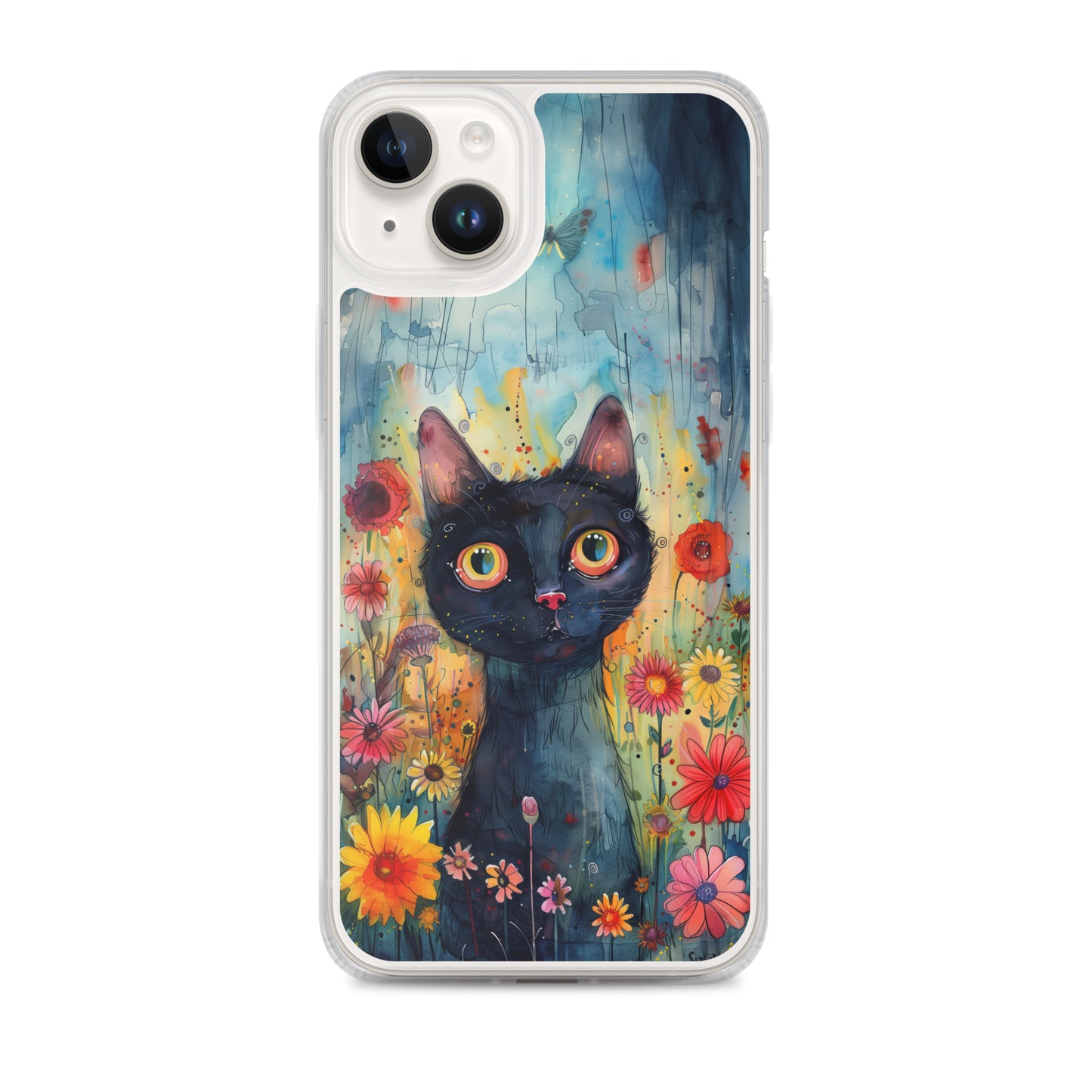 iPhone Case Watercolor Black Cat with Colorful Flowers