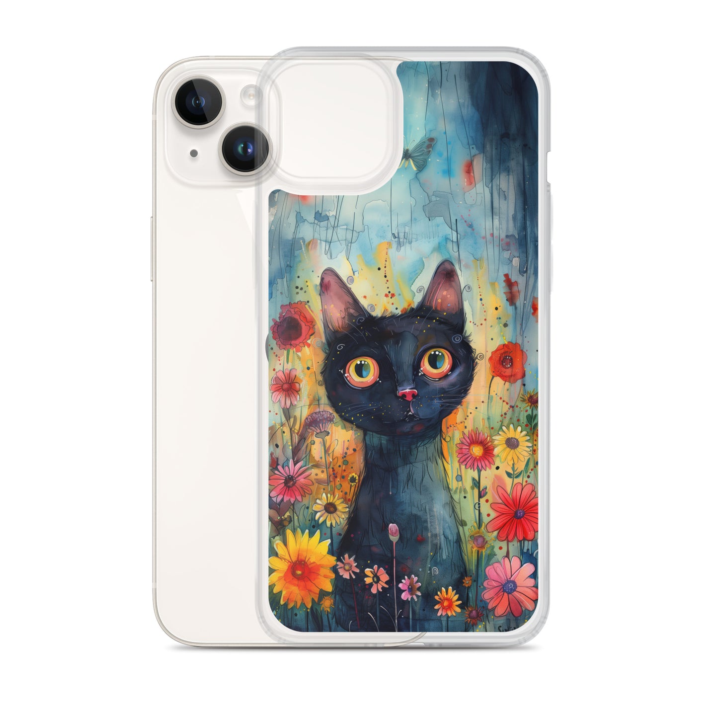 iPhone Case Watercolor Black Cat with Colorful Flowers
