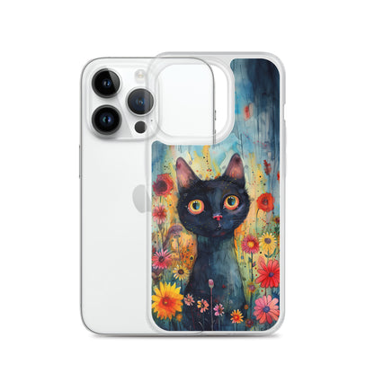 iPhone Case Watercolor Black Cat with Colorful Flowers