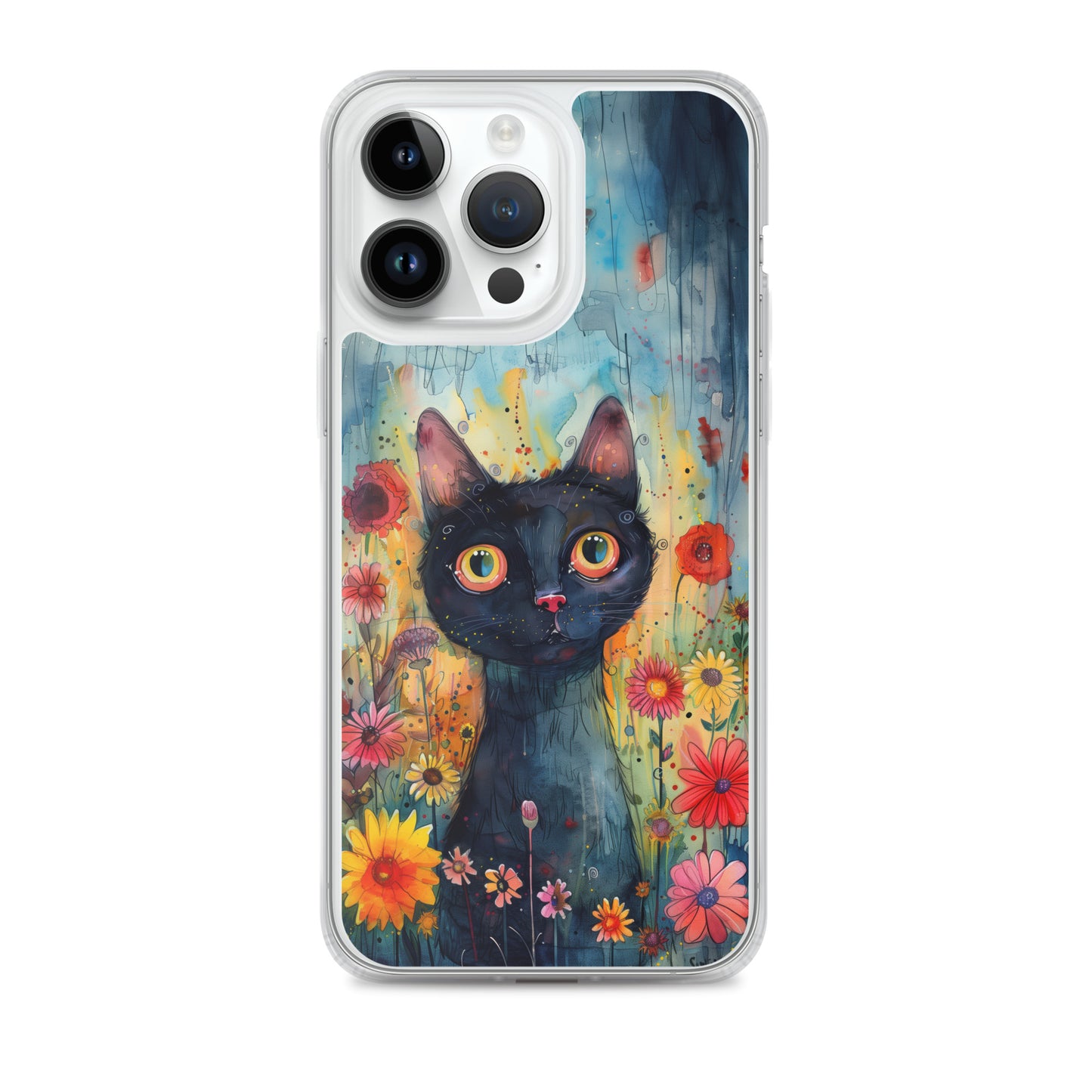 iPhone Case Watercolor Black Cat with Colorful Flowers
