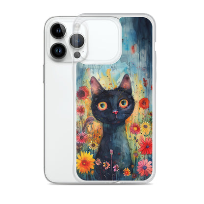 iPhone Case Watercolor Black Cat with Colorful Flowers