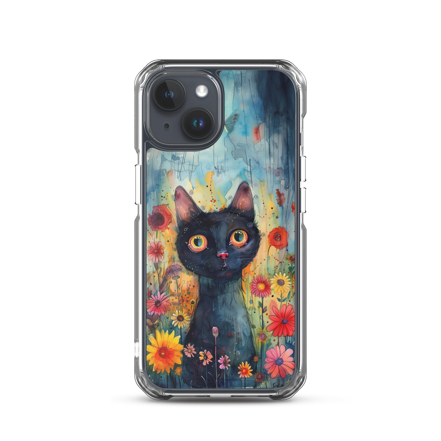 iPhone Case Watercolor Black Cat with Colorful Flowers
