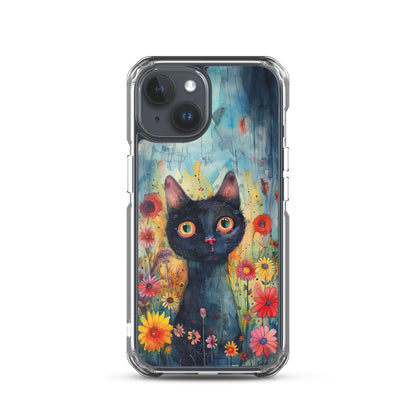 iPhone Case Watercolor Black Cat with Colorful Flowers