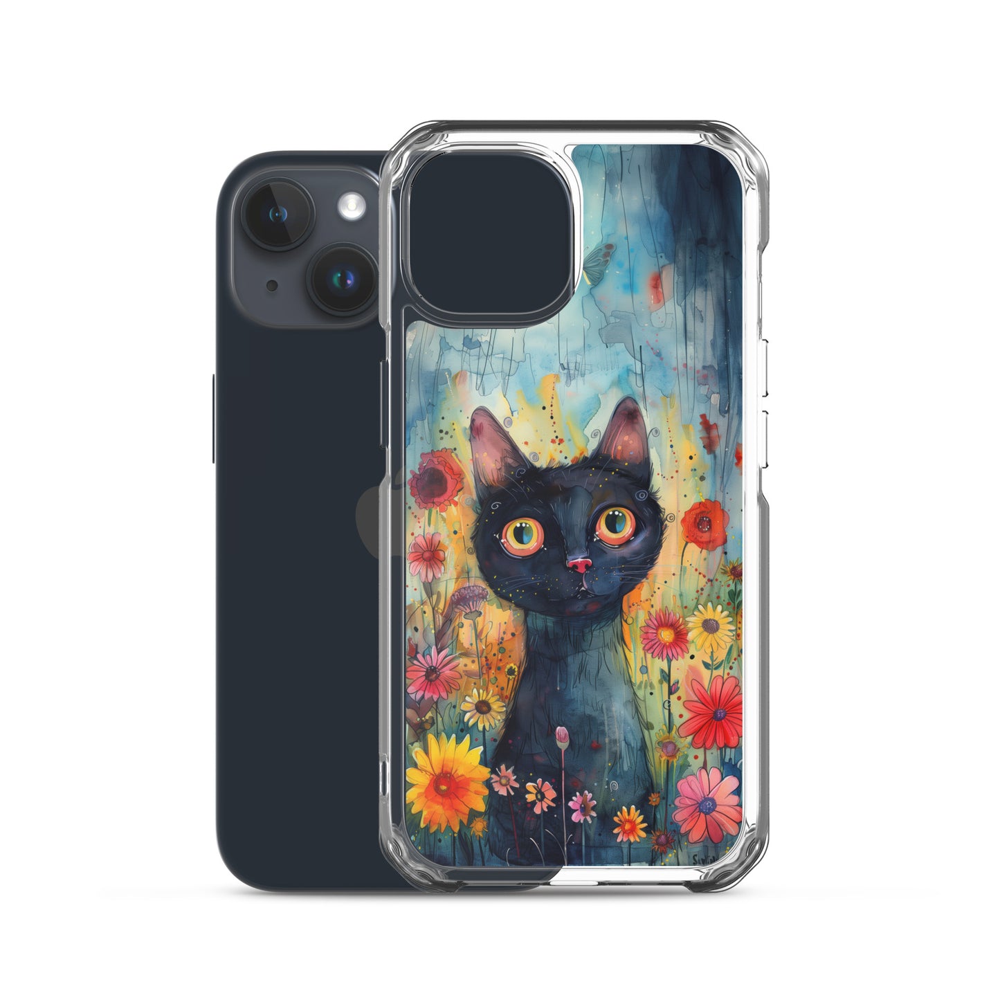 iPhone Case Watercolor Black Cat with Colorful Flowers