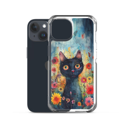iPhone Case Watercolor Black Cat with Colorful Flowers