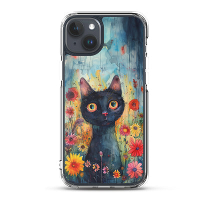 iPhone Case Watercolor Black Cat with Colorful Flowers