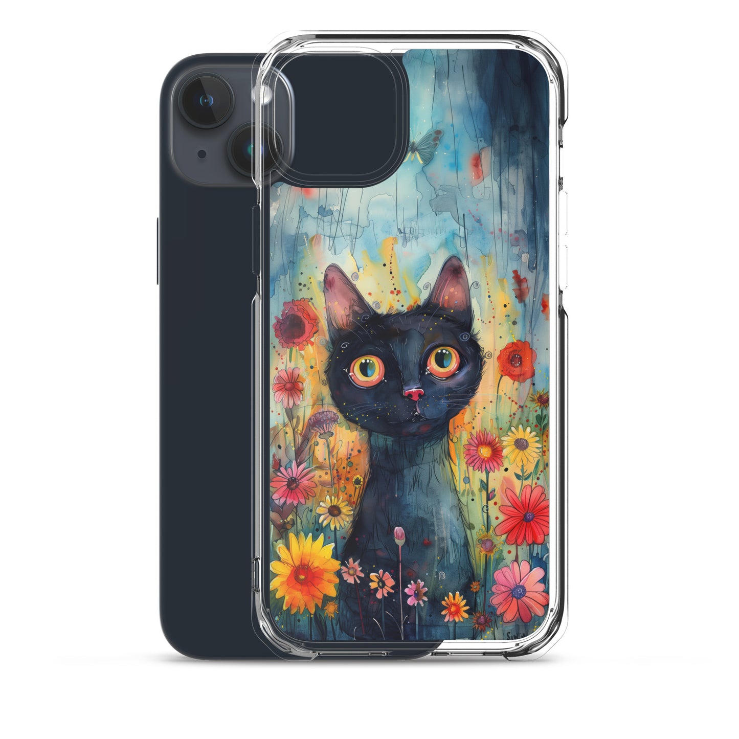 iPhone Case Watercolor Black Cat with Colorful Flowers