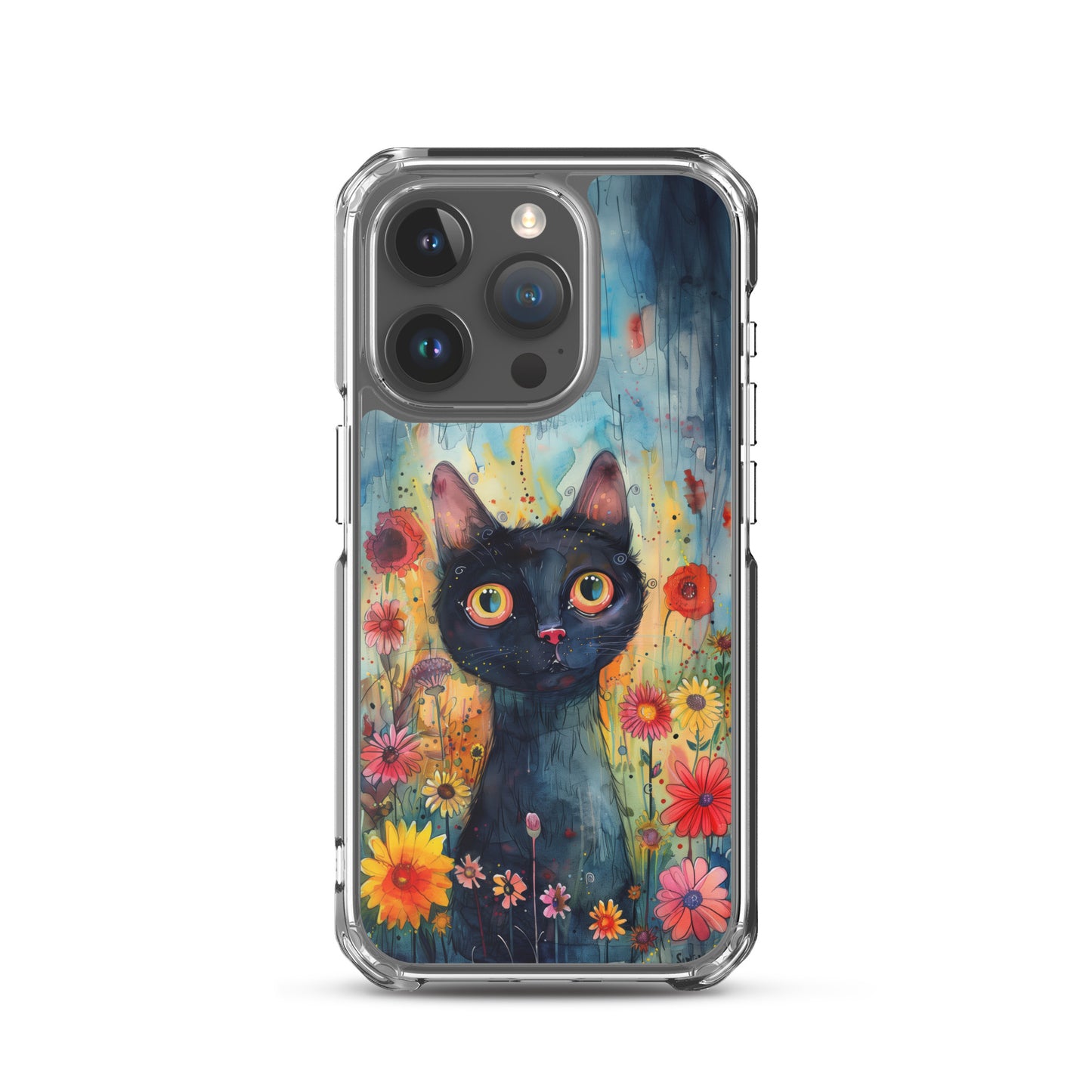 iPhone Case Watercolor Black Cat with Colorful Flowers