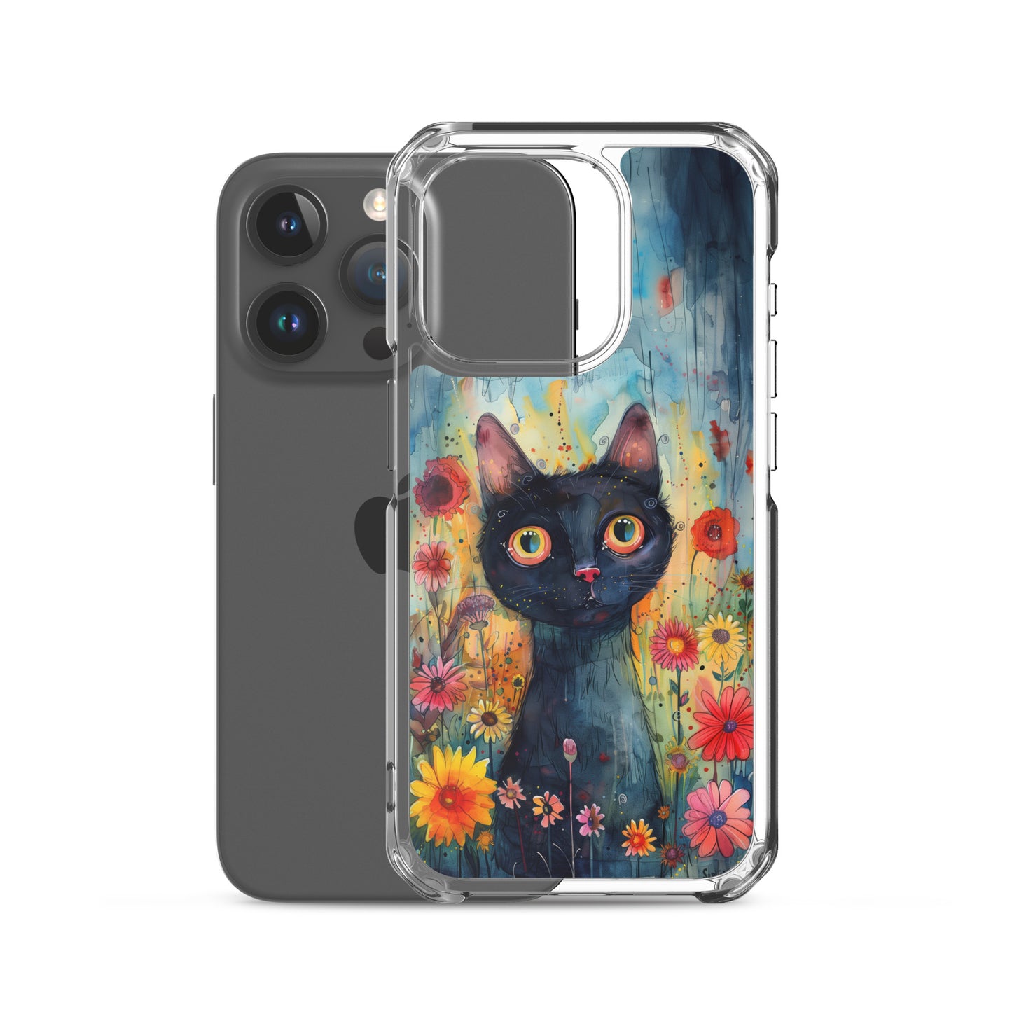 iPhone Case Watercolor Black Cat with Colorful Flowers