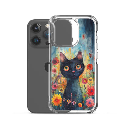 iPhone Case Watercolor Black Cat with Colorful Flowers