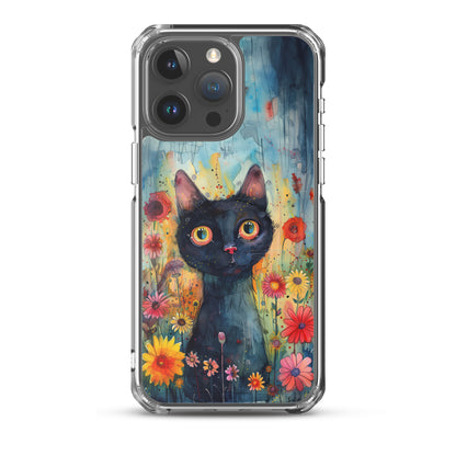 iPhone Case Watercolor Black Cat with Colorful Flowers