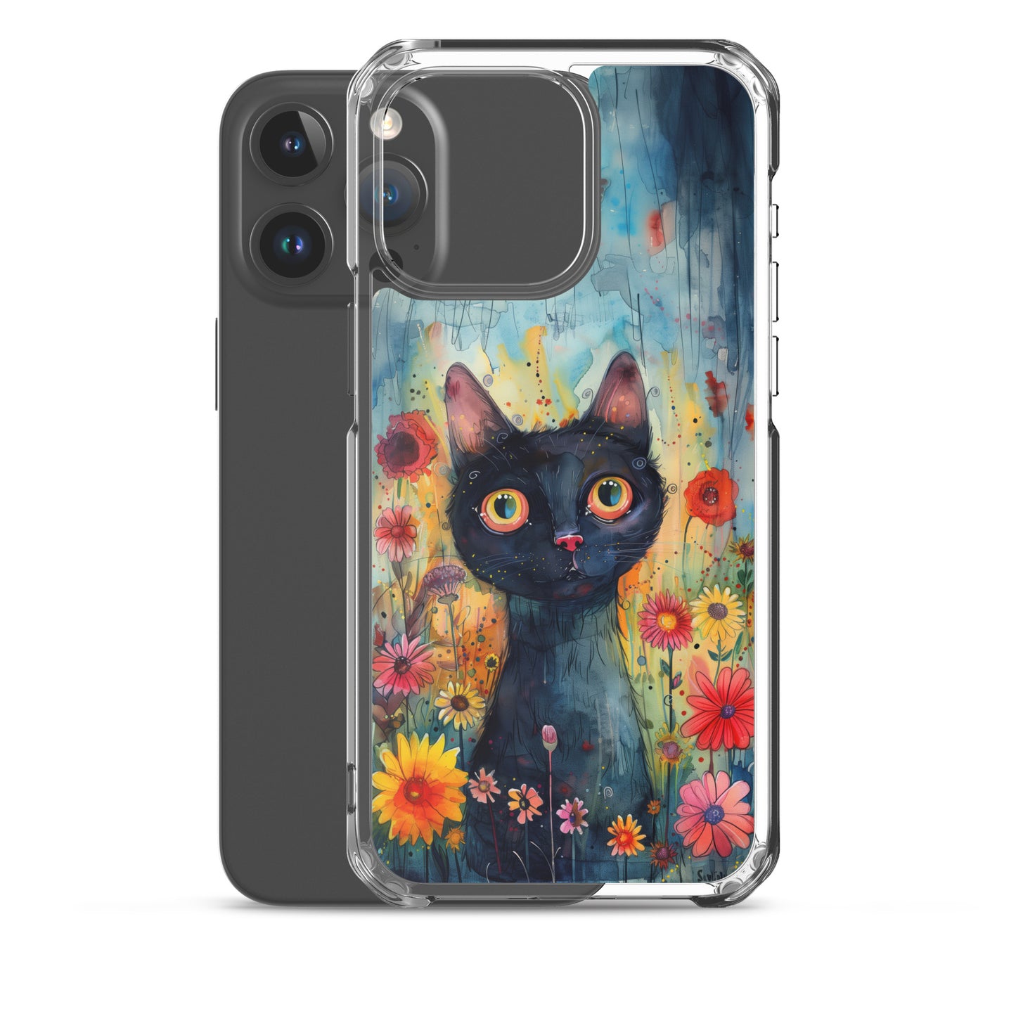 iPhone Case Watercolor Black Cat with Colorful Flowers