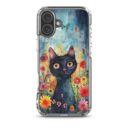 iPhone Case Watercolor Black Cat with Colorful Flowers