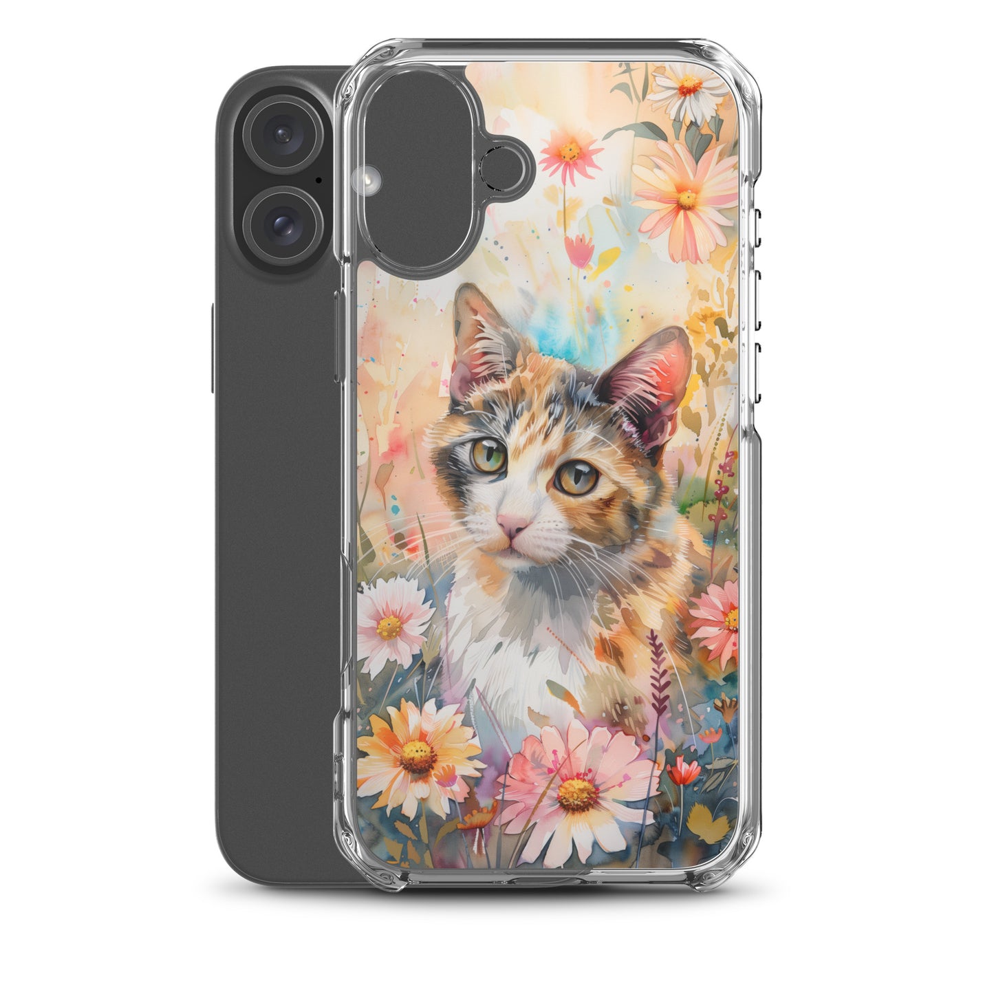 iPhone Case Watercolor Calico Cat with Colorful Flowers