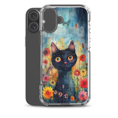 iPhone Case Watercolor Black Cat with Colorful Flowers