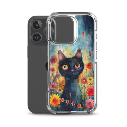 iPhone Case Watercolor Black Cat with Colorful Flowers