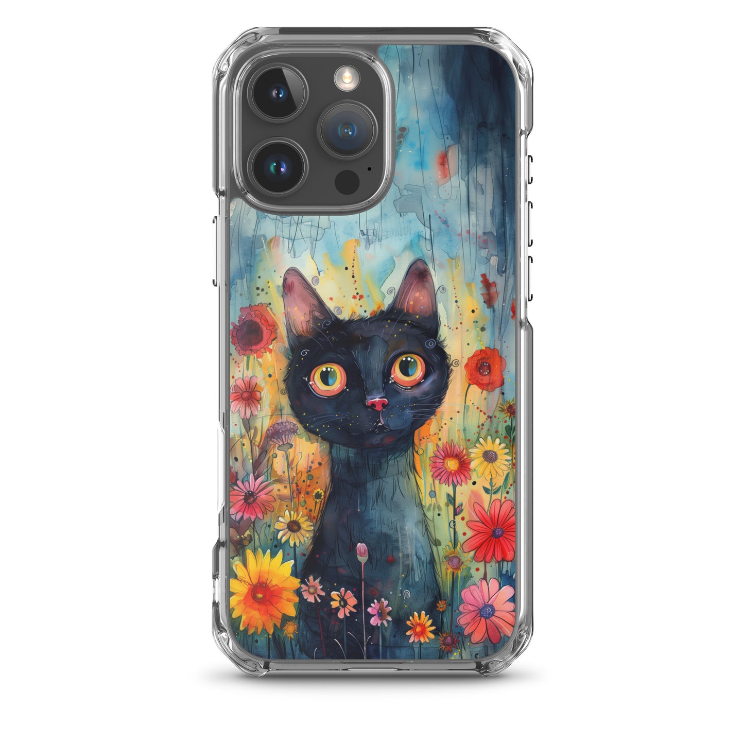 iPhone Case Watercolor Black Cat with Colorful Flowers