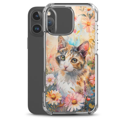 iPhone Case Watercolor Calico Cat with Colorful Flowers