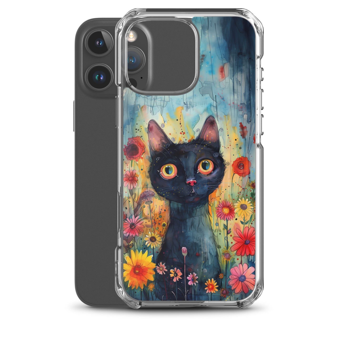 iPhone Case Watercolor Black Cat with Colorful Flowers