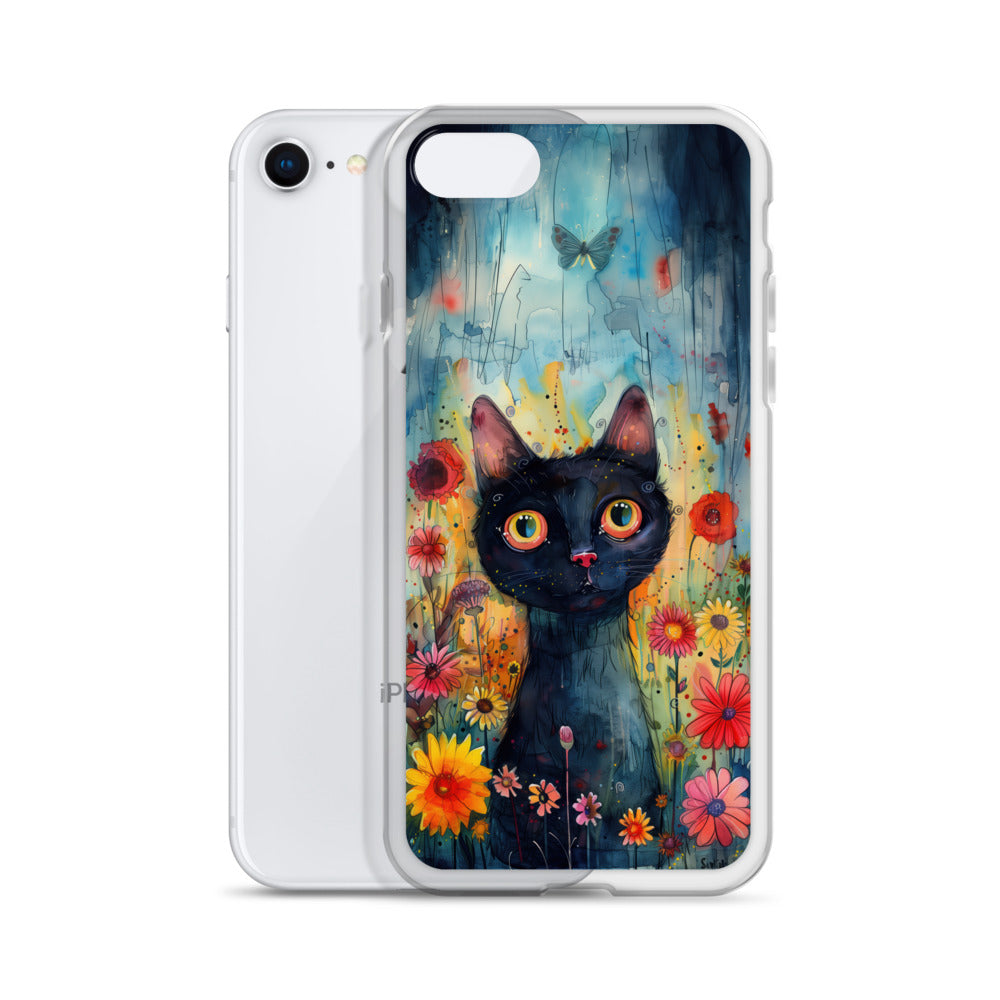 iPhone Case Watercolor Black Cat with Colorful Flowers