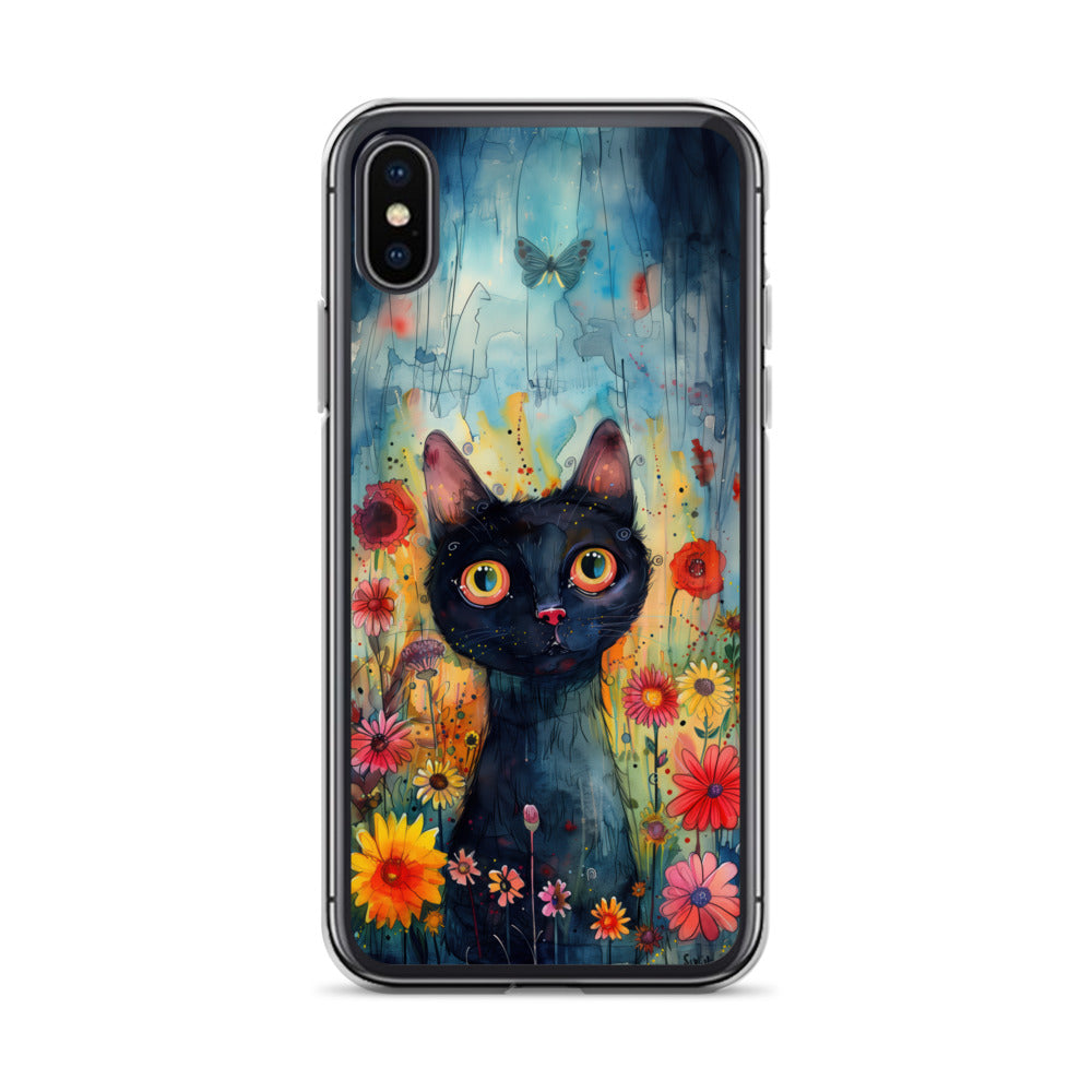 iPhone Case Watercolor Black Cat with Colorful Flowers