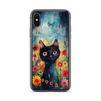 iPhone Case Watercolor Black Cat with Colorful Flowers