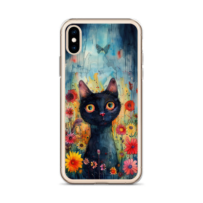 iPhone Case Watercolor Black Cat with Colorful Flowers